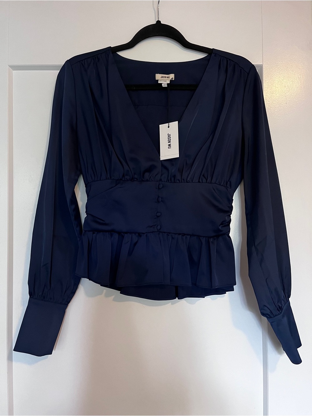 Jason Wu Navy Deep V Peplum Long-Sleeve Blouse